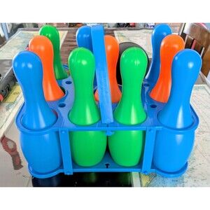 kids plastic bowling set toy- 10pins 1 ball blue carrying caddy indoor/outdoor